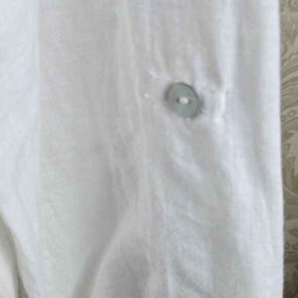 Symple NYC White Linen Tunic Blouse Ombre Blue Embroidery Roll Tab Sleeves - Picture 6 of 15